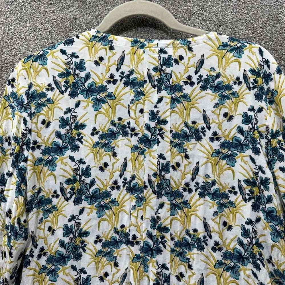 J Jill Button Up Blouse Top Womens Medium Floral Bird Print Rayon Cottage Nature
